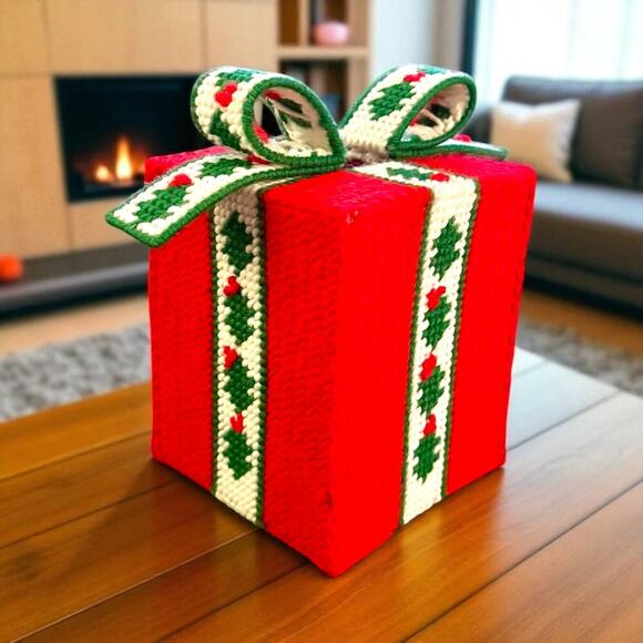 Vintage Needle Point Christmas Tissue Box Cover - Picture 1 of 5